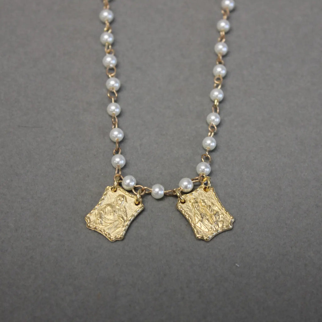 Gold Pearl Chain With Scapular Necklace