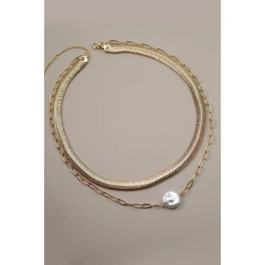 Double Layer Snake Chain Pearl Pendant Necklace