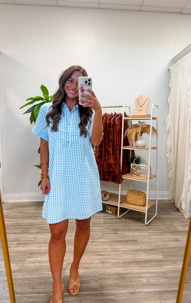 Gingham Print Collared Shirt Dress