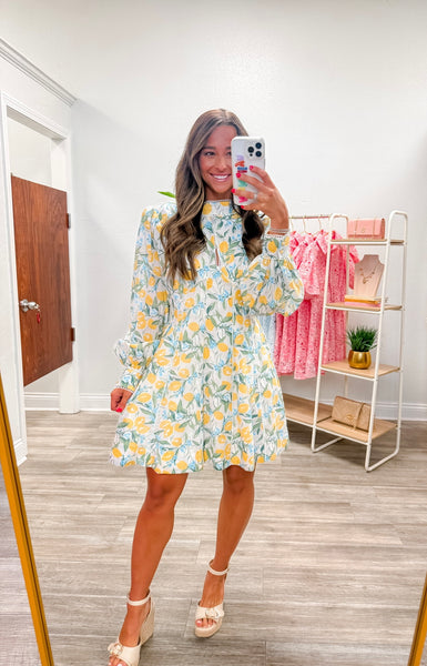 Lace Trim Lemon & Floral Print Dress