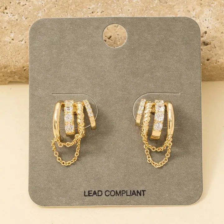 Stacked Cz Pave Chain Drape Triple Hoop Earrings