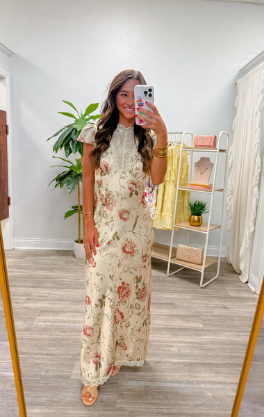 Floral Satin Lace Keyhole Back Maxi Dress