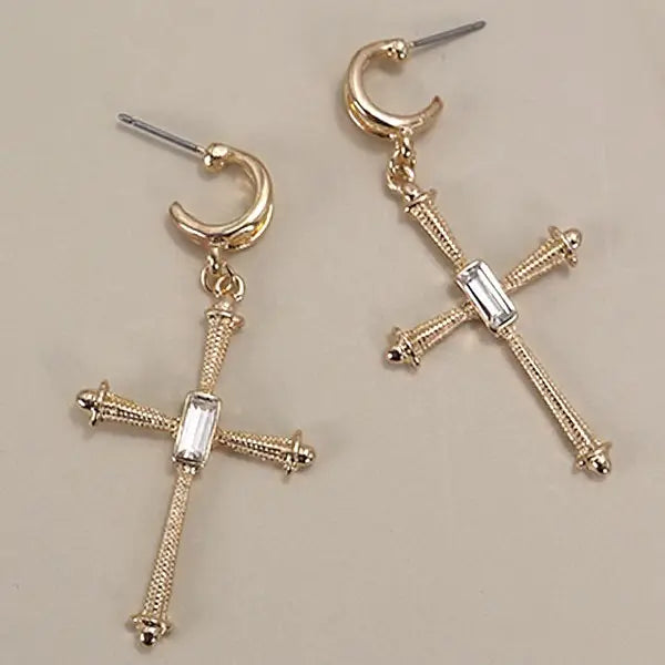 Cross Rhinestone Drop Huggie Hoop Earrings