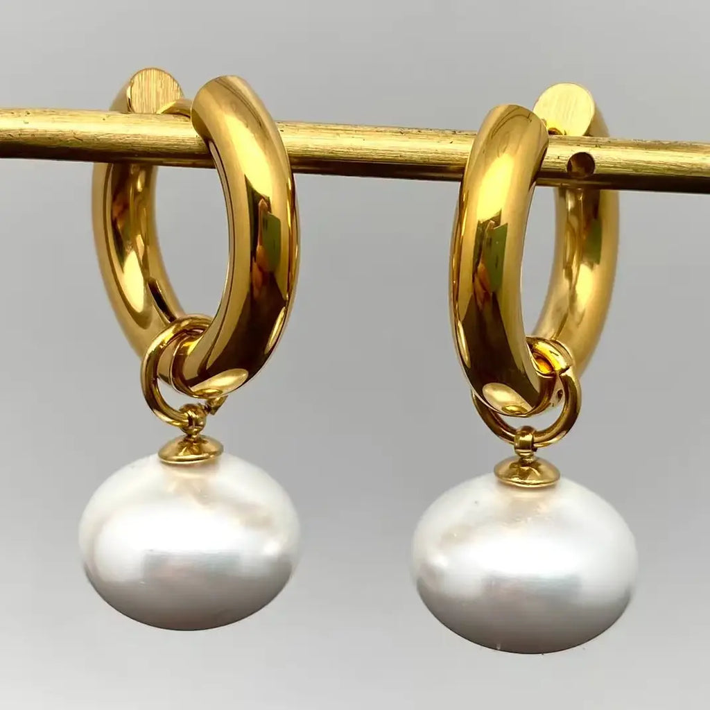 Lantern Shaped Pearl 18K Golden Huggie Earrings