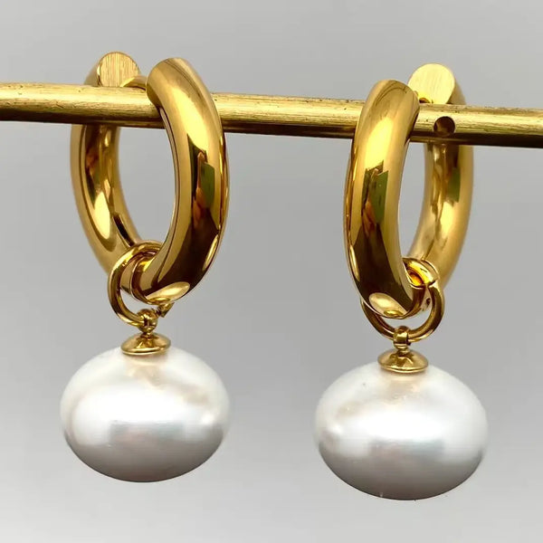 Lantern Shaped Pearl 18K Golden Huggie Earrings