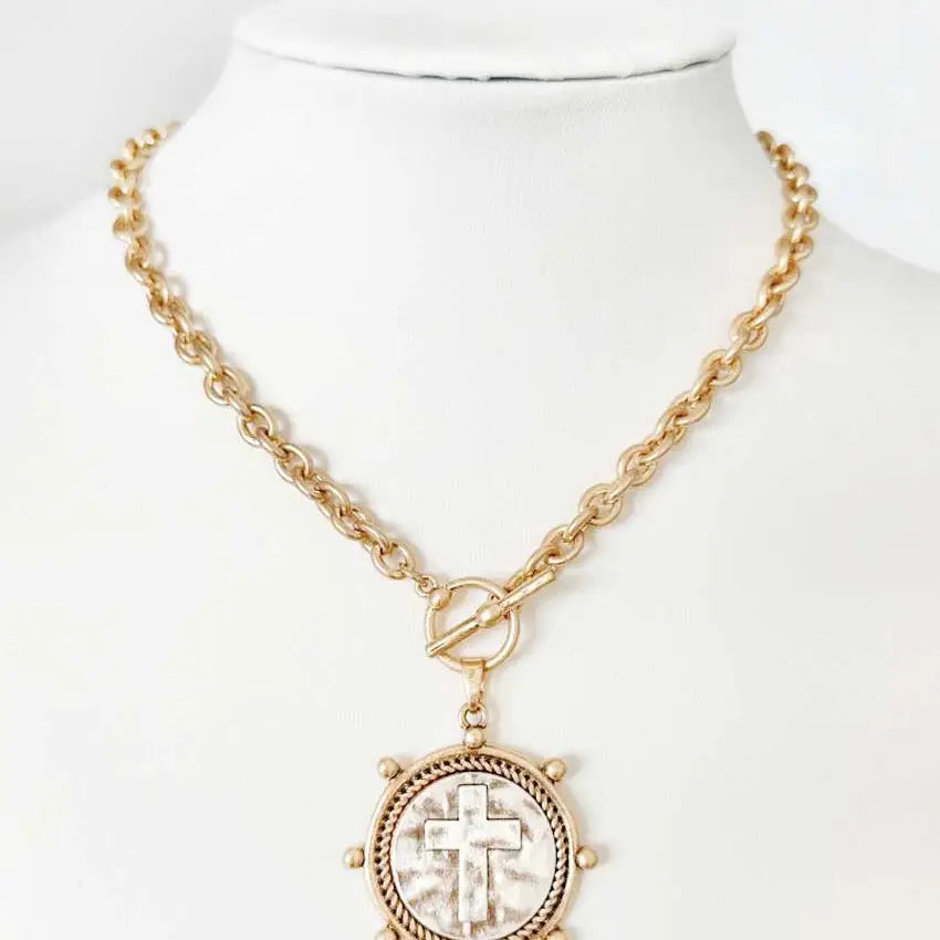 Worn Gold Chain w/ Stamped Cross Coin Charm 16"-18" Necklace