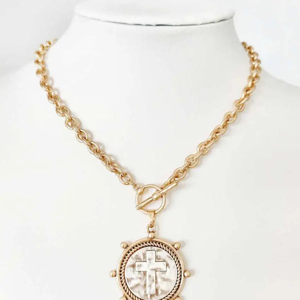 Worn Gold Chain w/ Stamped Cross Coin Charm 16"-18" Necklace