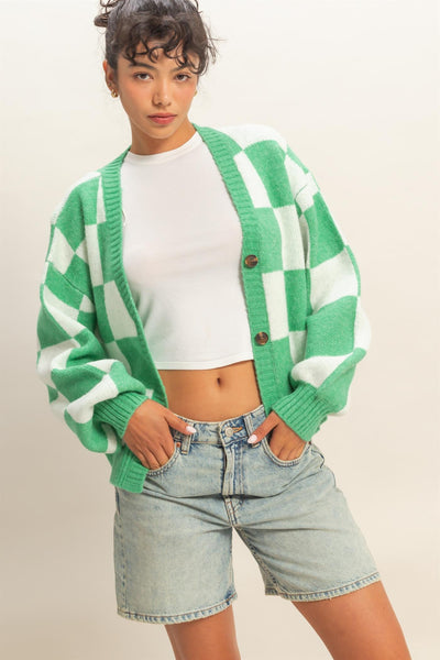 Checkered Button Front Cardigan Sweater