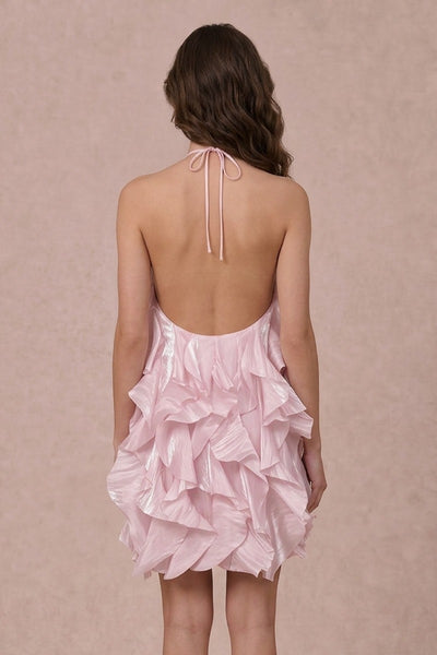 Floral Applique Ruffle Halter Mini Dress