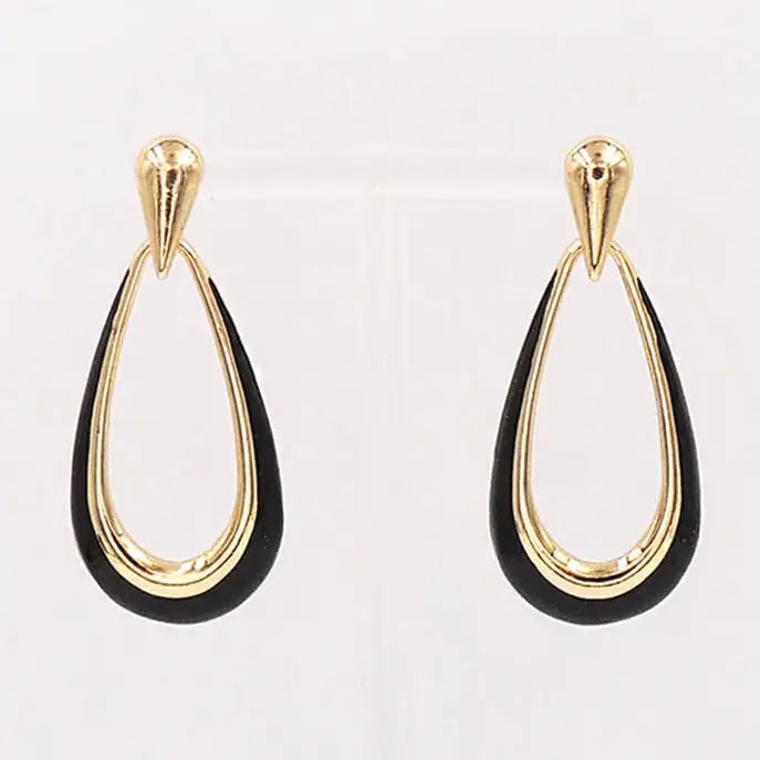 Gold Studded w/ Black Enamel Open Teardrop 12" Earring