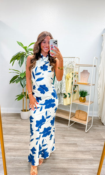 Floral Satin Halter Neck Maxi Dress