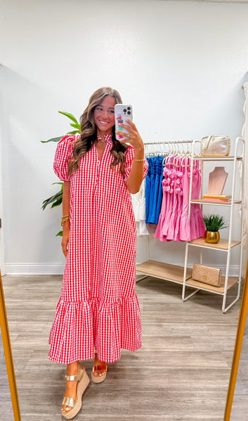 Gingham Short Puff Sleeve Midi Dress