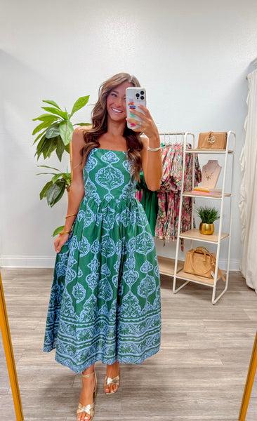 Printed Strapless Midi Dress