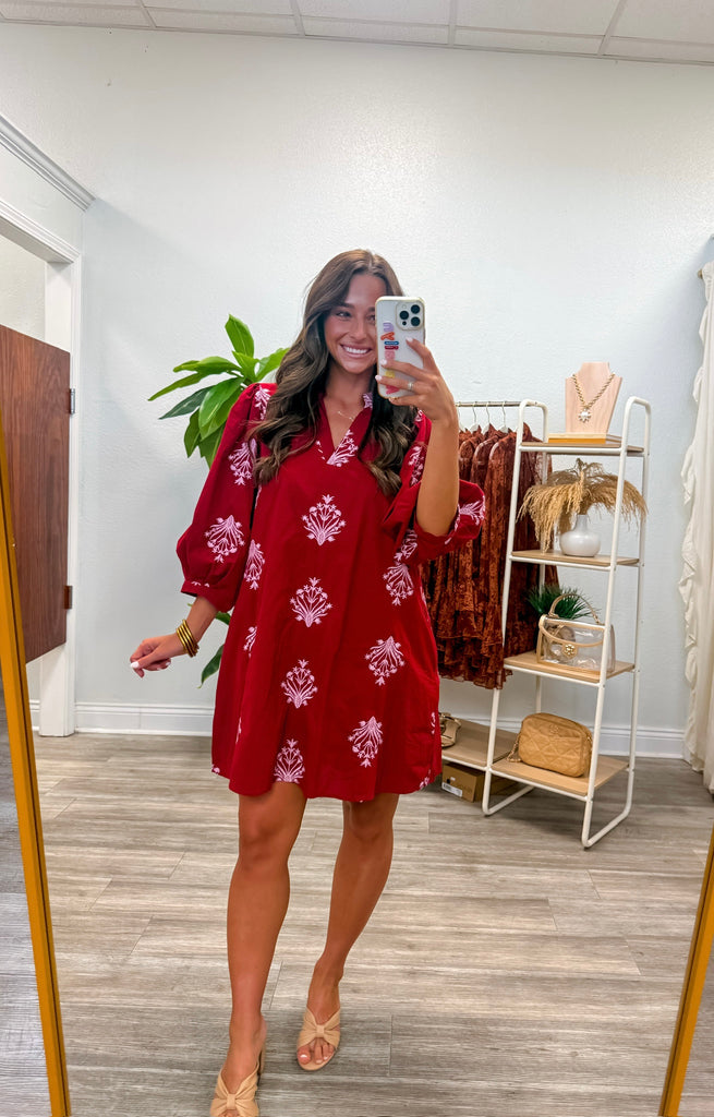 Embroidered 3/4 Puff Sleeve Mini Dress