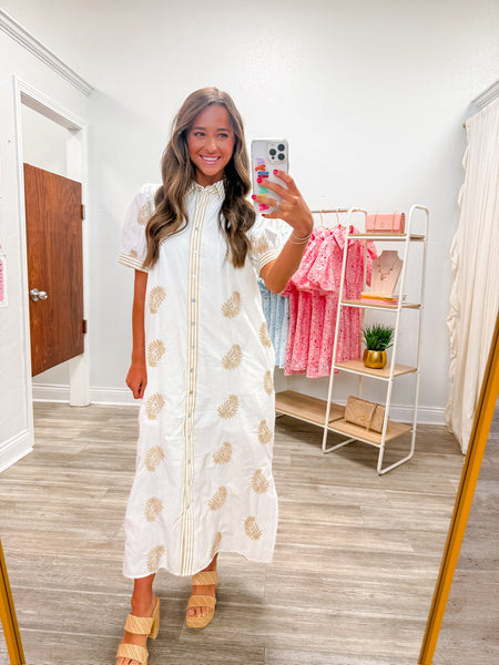 Embroidered Puff Sleeve Midi Dress