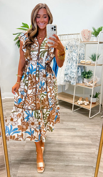 Botanical Flutter Sleeve Ruffle Midi Dress