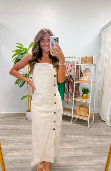Button Detail Linen Long Dress