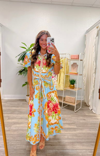 Printed Woven Puff Sleeve Midi Dress