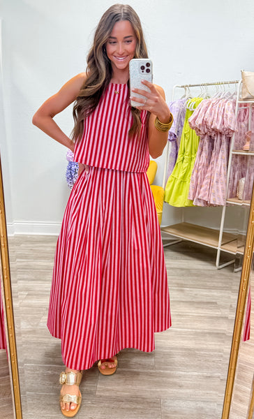 Stripe Pattern High Waist Pleated Midi Skirt