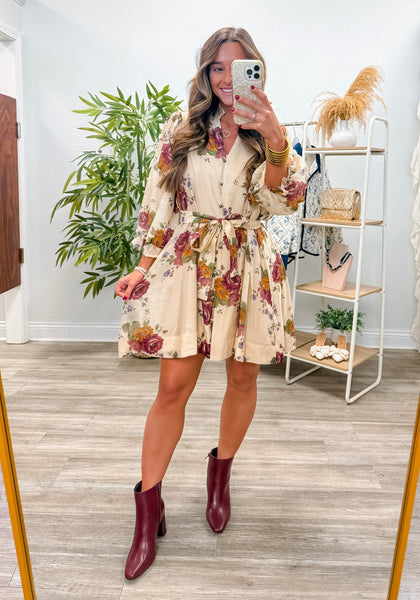 Floral Puff 3/4 Sleeve Mini Dress