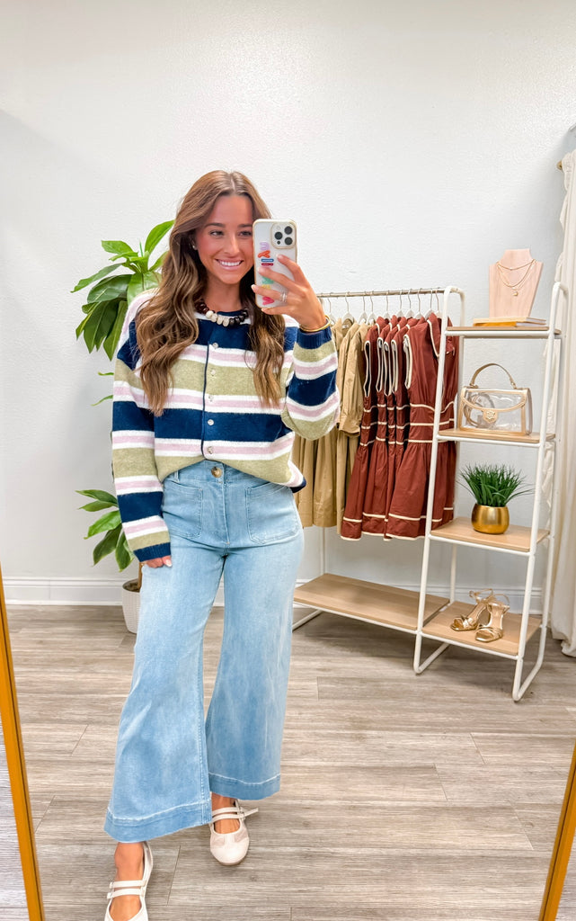 Striped Knit Crew Neck Button Cardigan