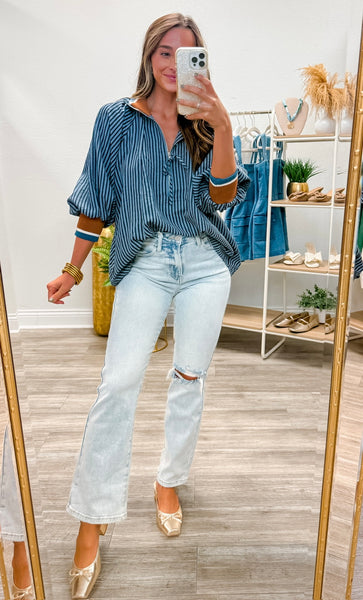 3/4 Sleeve Half Zip Striped Top