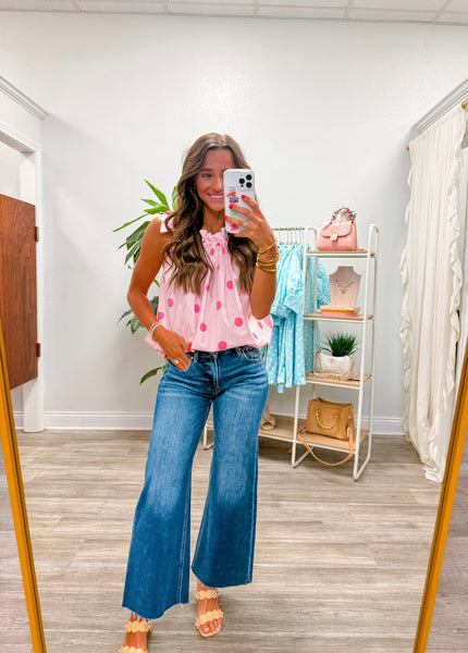 Tie Strap Smocked Polka Dot Top