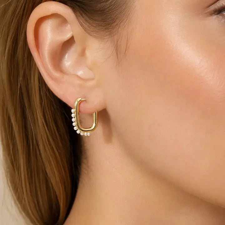18K Gold Dipped Pearl Oval Small Huggie Hoop Earrings