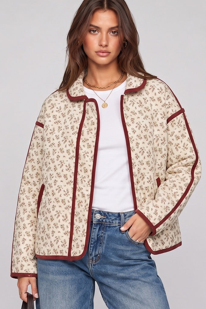 Floral Quilted Front Snap Button Jacket