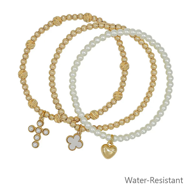 Water Resistant Set of 3 Pearl & Cross Charm Stretch Bracelets
