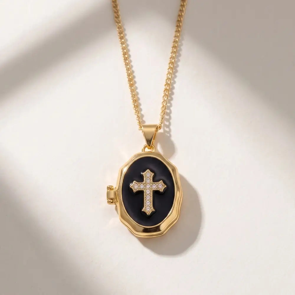 Cross Locket Photo Black Pendant Necklace
