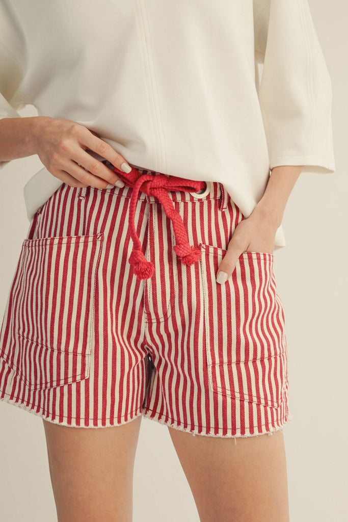 Braided Belt Stripe Casual Shorts
