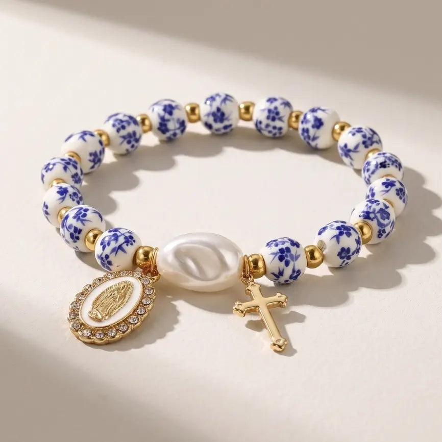 Miraculous Medal Cross Beaded Blue Bracelet