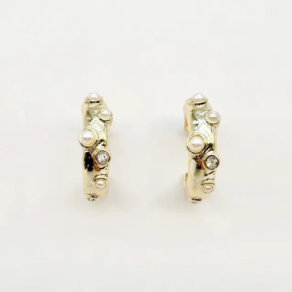 Gold Hoop with Pearl and Crystal Studs 1.5" Earring