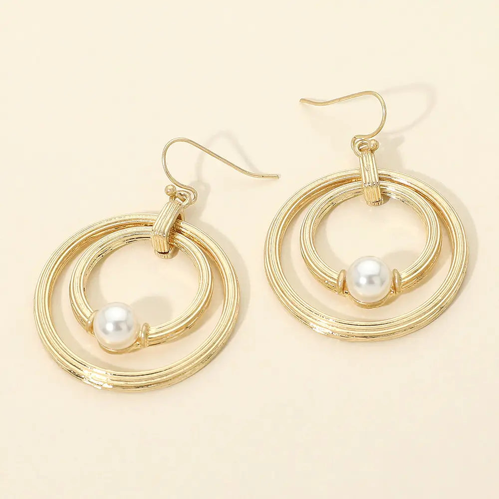 Pearl Accent Textured Layered Double Hoop Drop Earrings
