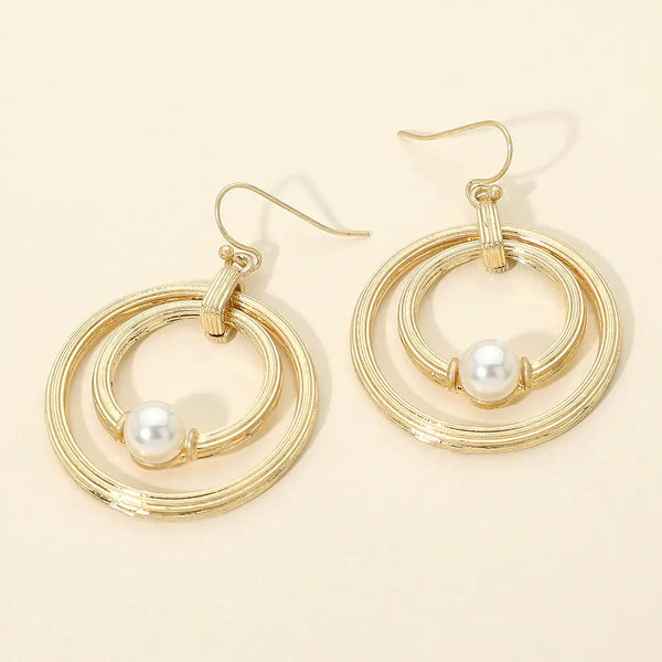 Pearl Accent Textured Layered Double Hoop Drop Earrings
