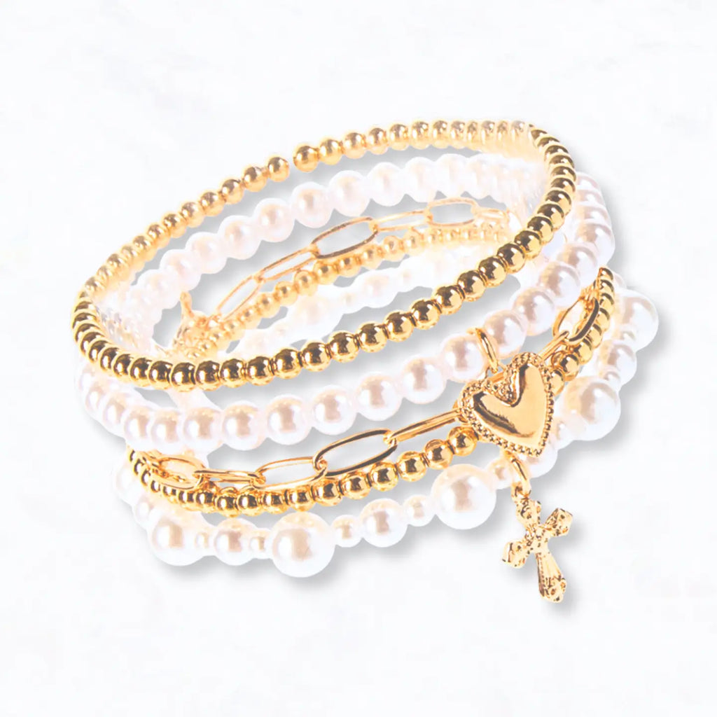 Pearl & Gold Beaded Bracelet Set with Charms