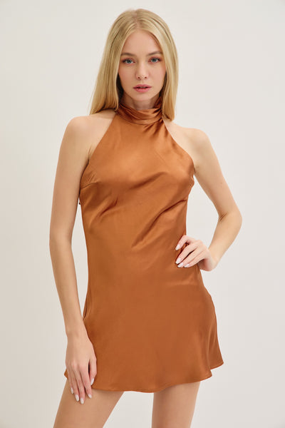 Halter Neck & Satin A-Line Mini Dress