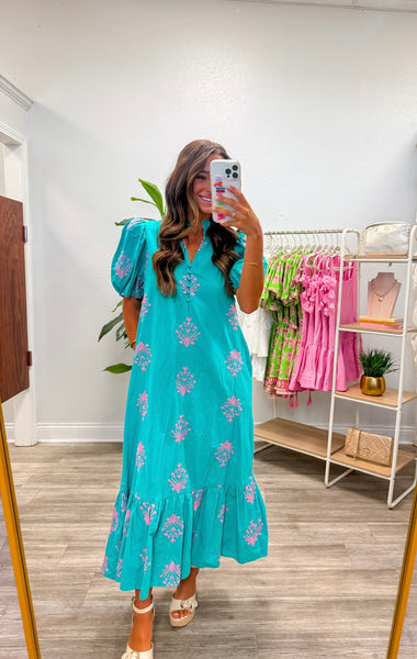 Botanical Embroidery Puff Sleeve Midi Dress