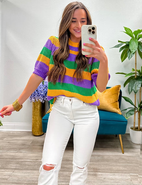 Mardi Gras Stripe Knit Half Sleeve Top