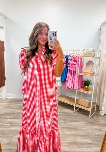 Gingham Short Puff Sleeve Midi Dress