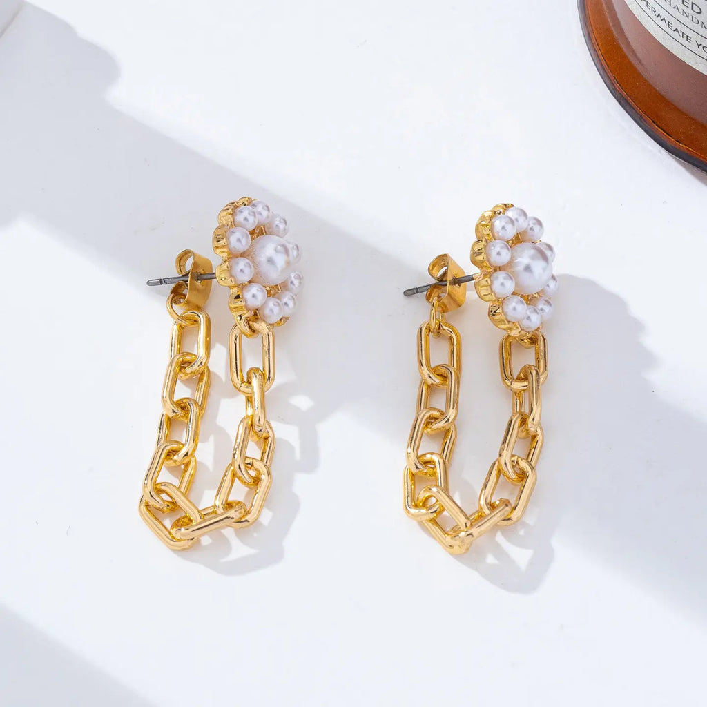 Pearl Daisy Hoop and Drop Link Earrings