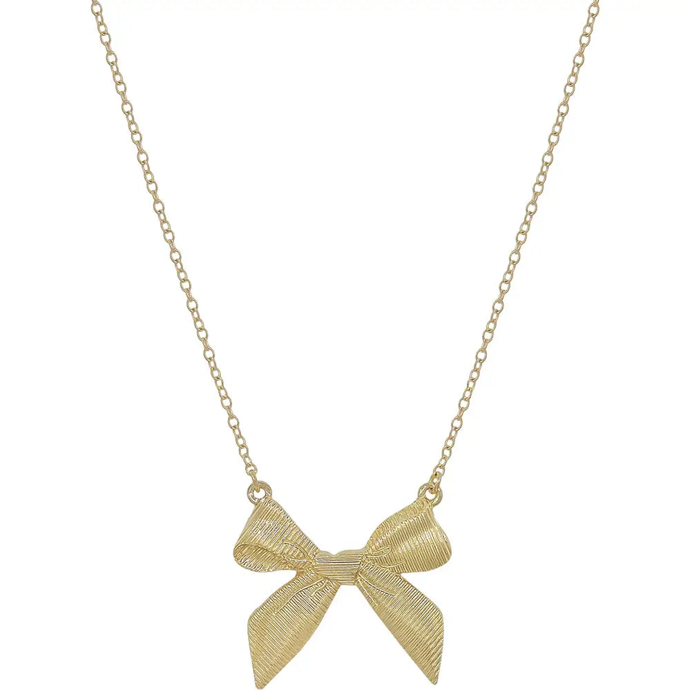 Gold Textured Ribbon Bow Necklace
