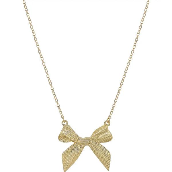 Gold Textured Ribbon Bow Necklace