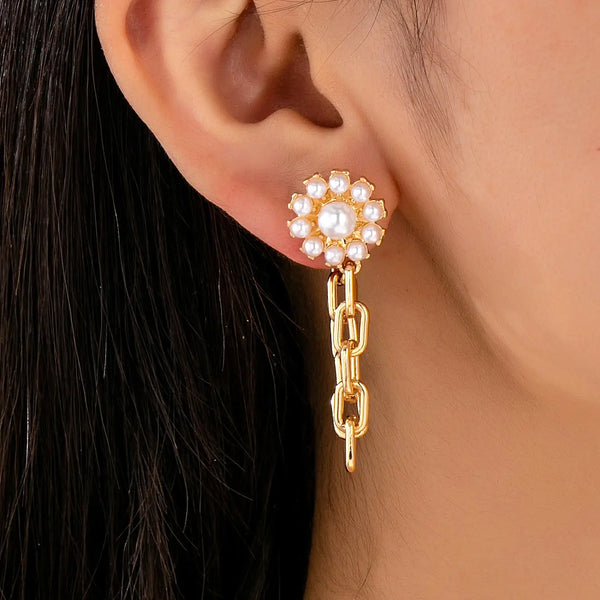 Pearl Daisy Hoop and Drop Link Earrings
