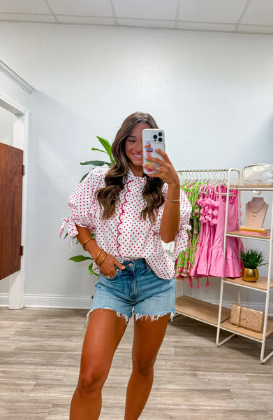 Polka Dot Short Puff Sleeve Top