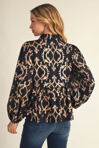 Puff Sleeve Leaf Foil Print Blouse