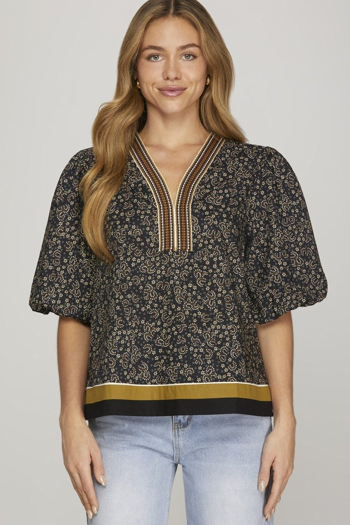 V-Neck Patch Woven Printed Top