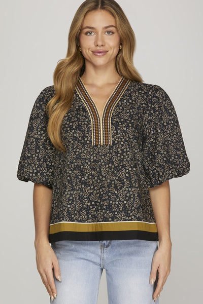 V-Neck Patch Woven Printed Top