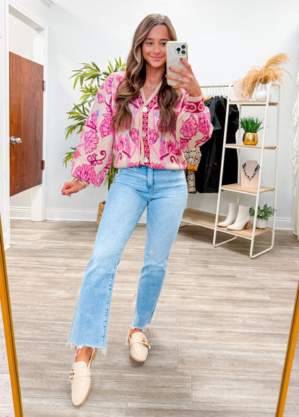 Jacquard Knit V-Neck Button Down Cardigan